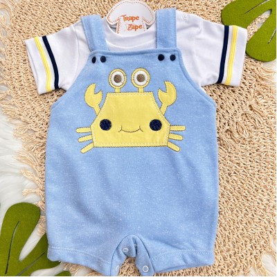  Conj. Body Manga Curta e Jardineira Caranguejo - Branco e Azul Claro